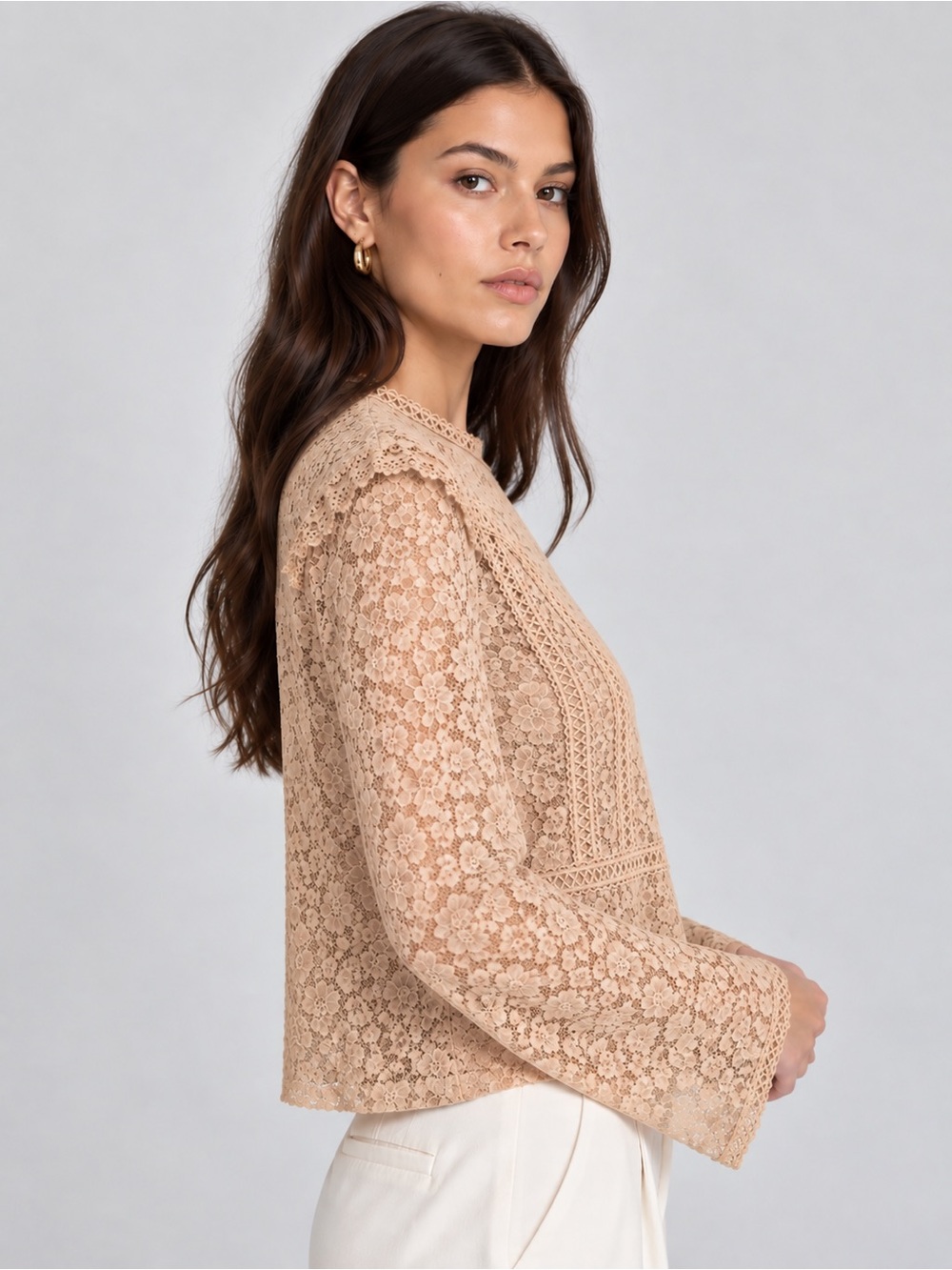 Zara Nude Beige Floral Lace Crochet Embroidered Trim Long Sleeve Top M Boho Y2K